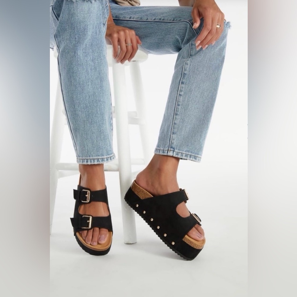 Studded Buckle Platform Slide Women's Sandals Black Suede Straps Size 9